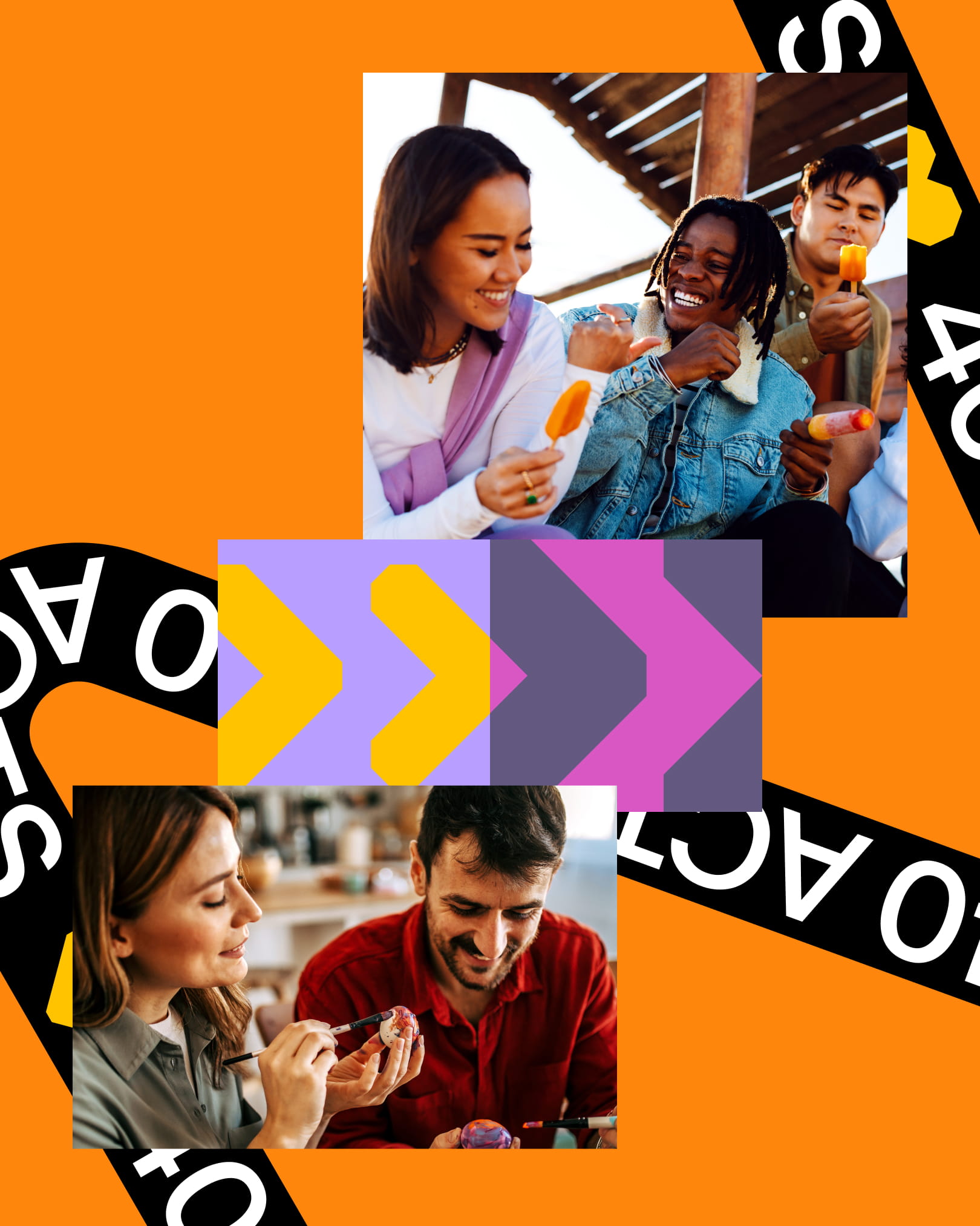 Composition of two different photos of groups of people, bridged by some arrows moving right, featuring a ribbon with 40acts written on it behind 