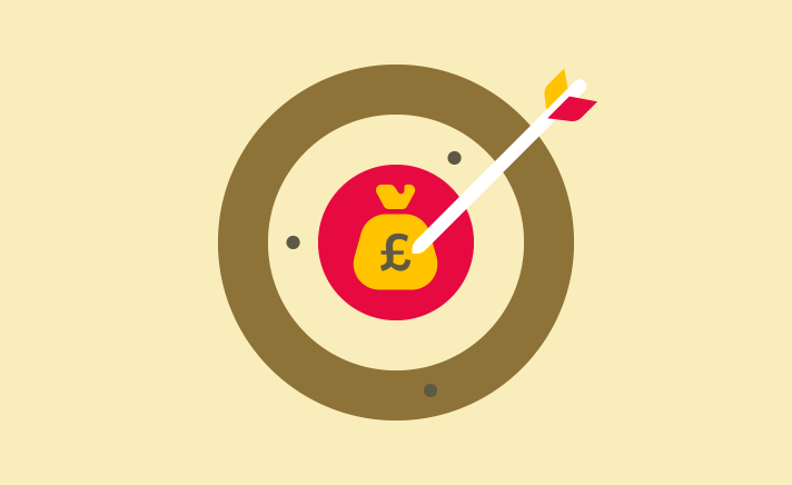 A round target with an arrow piercing a money bag