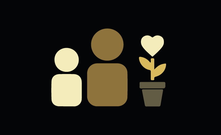 Icon image of two people, one smaller that the other, next to a plant