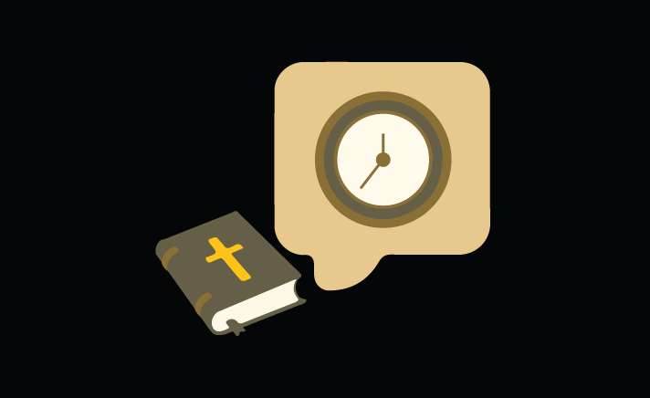 Bible next to a speech bubble containing a clock 