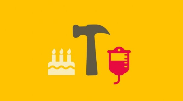 Birthday cake, hammer, blood donation