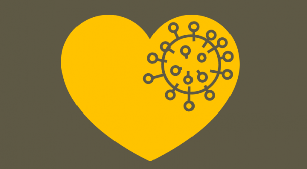 Heart icon overlayed with image of Covid-19 virus structure