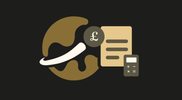 Icon showing a globe with the pound symbol, a piece of paper and a calculator