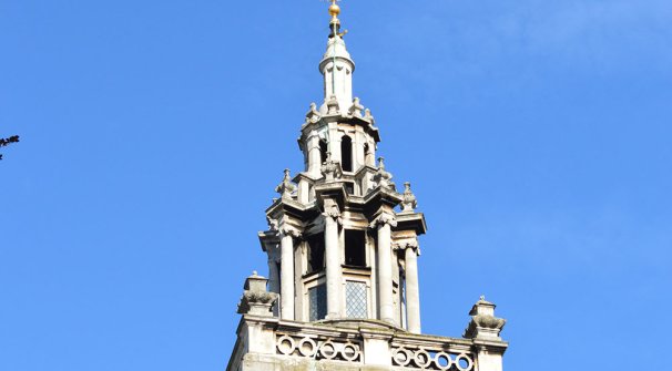 The spire of St Michael Paternoster Royal on a sunny day