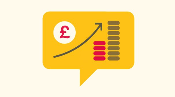 Speech bubble with coins and upwards arrow