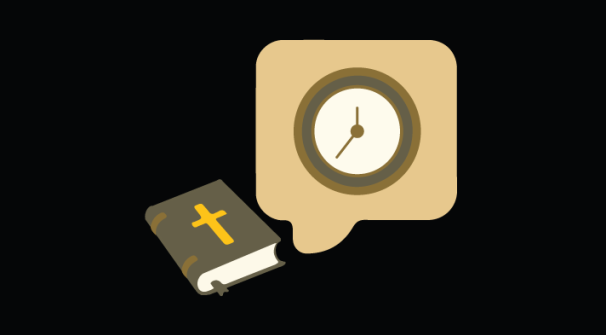 Bible next to a speech bubble containing a clock 