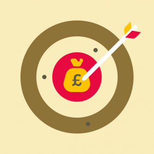 A round target with an arrow piercing a money bag
