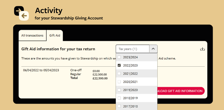 Screengrab of the Gift Aid section of a DAF account